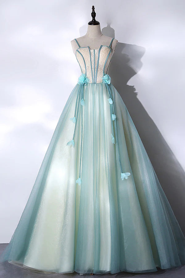 Wholesale Green Tulle Long A-Line Prom Dress Green Spaghetti Straps Graduation Dress